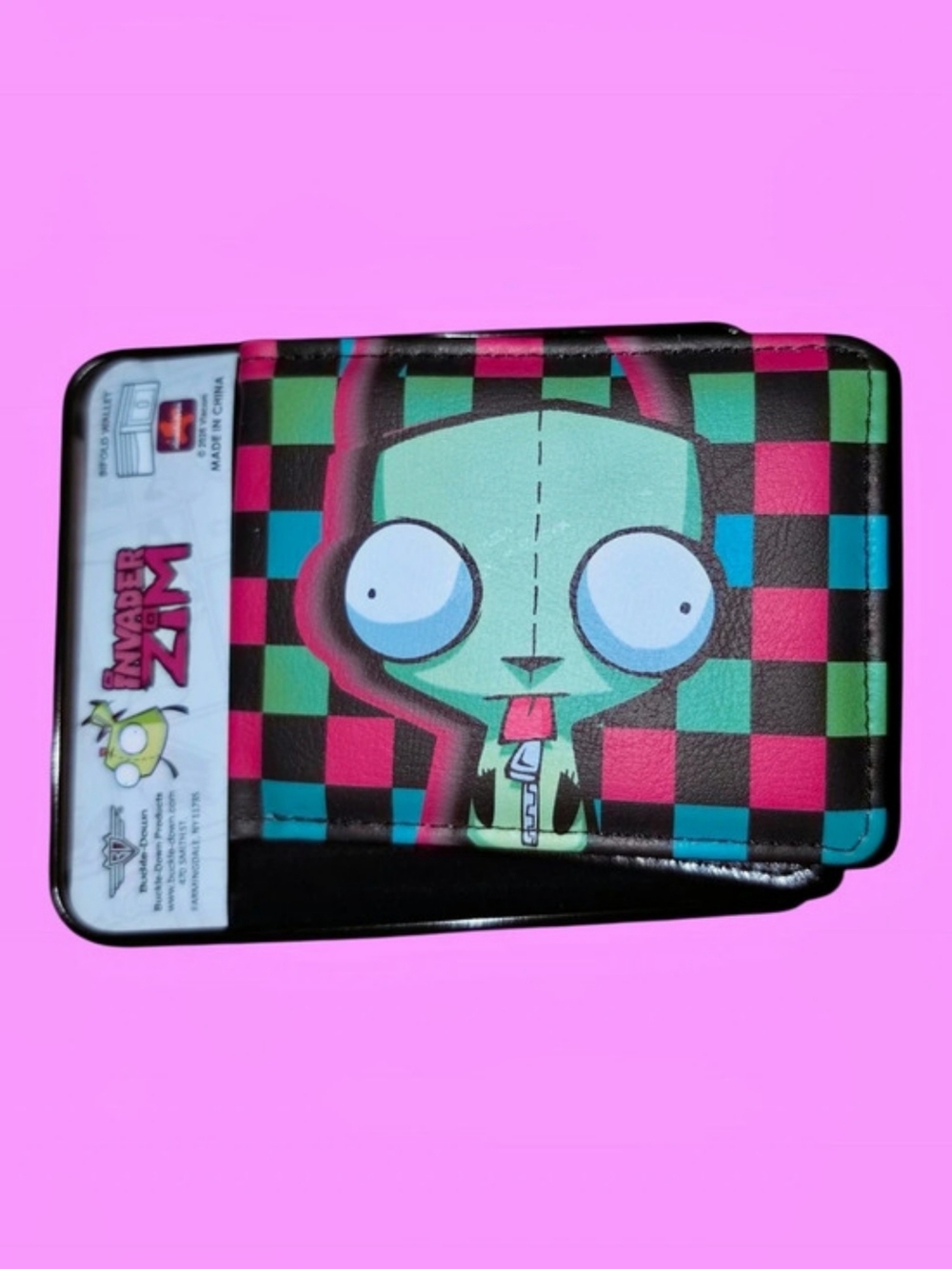 Buckle-Down Invader Zim Gir Checkerboard Bifold Wallet Checkered Wallet Black & - Picture 1 of 3